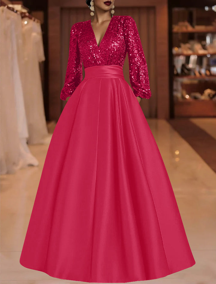A-Line/Princess V-Neck Satin Mother of the Bride Dresses Sequins Pocket Long Sleeves Floor-Length