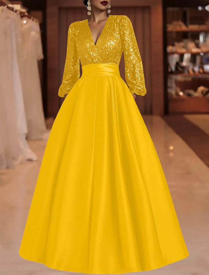 A-Line/Princess V-Neck Satin Mother of the Bride Dresses Sequins Pocket Long Sleeves Floor-Length