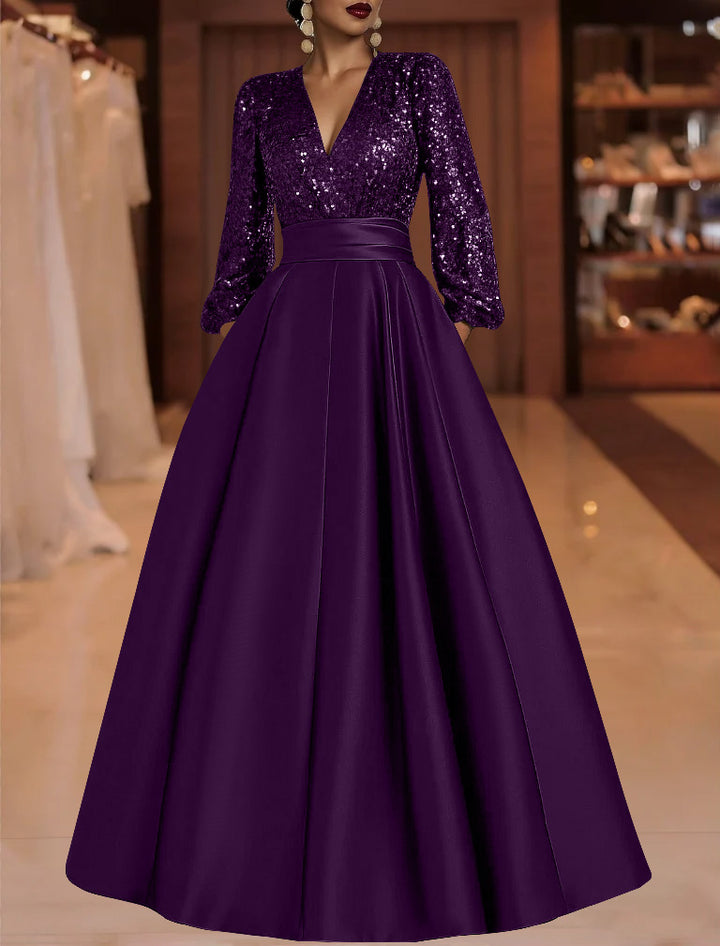 A-Line/Princess V-Neck Satin Mother of the Bride Dresses Sequins Pocket Long Sleeves Floor-Length
