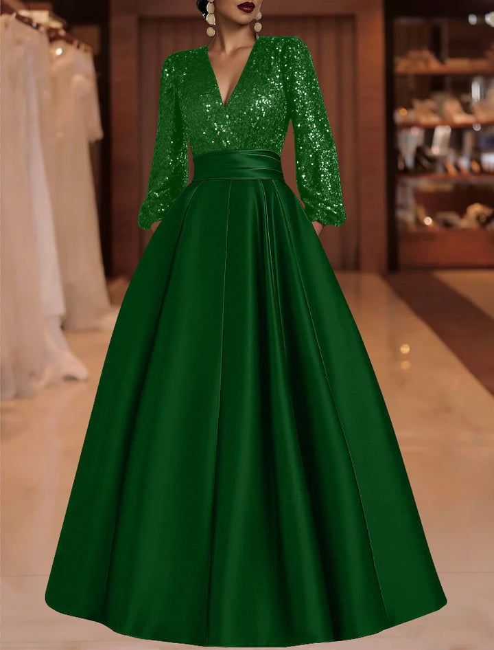 A-Line/Princess V-Neck Satin Mother of the Bride Dresses Sequins Pocket Long Sleeves Floor-Length