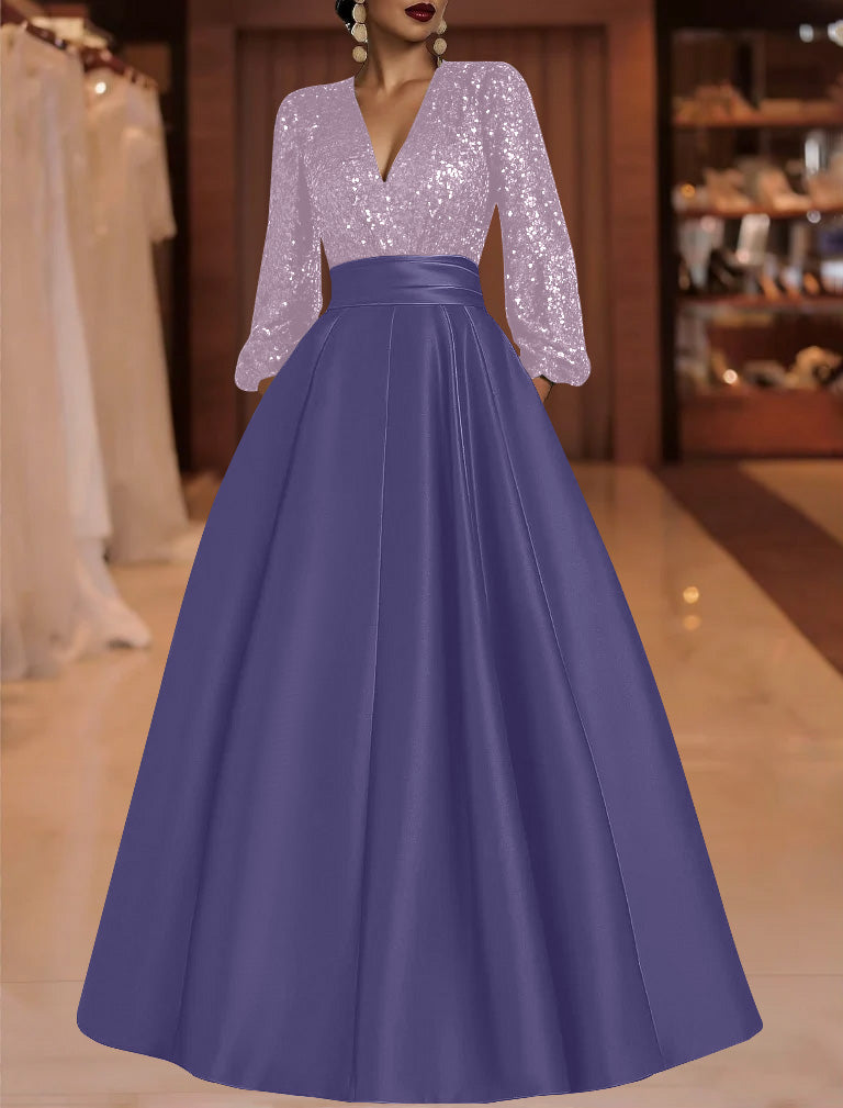 A-Line/Princess V-Neck Satin Mother of the Bride Dresses Sequins Pocket Long Sleeves Floor-Length