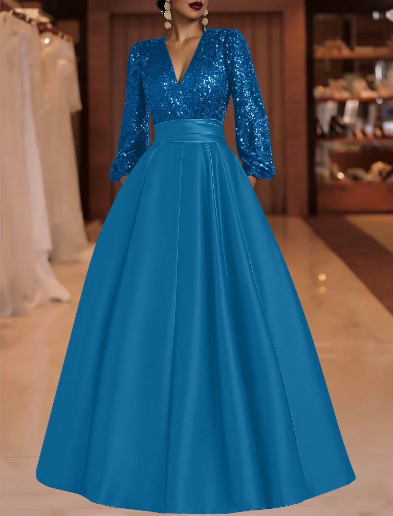 A-Line/Princess V-Neck Satin Mother of the Bride Dresses Sequins Pocket Long Sleeves Floor-Length