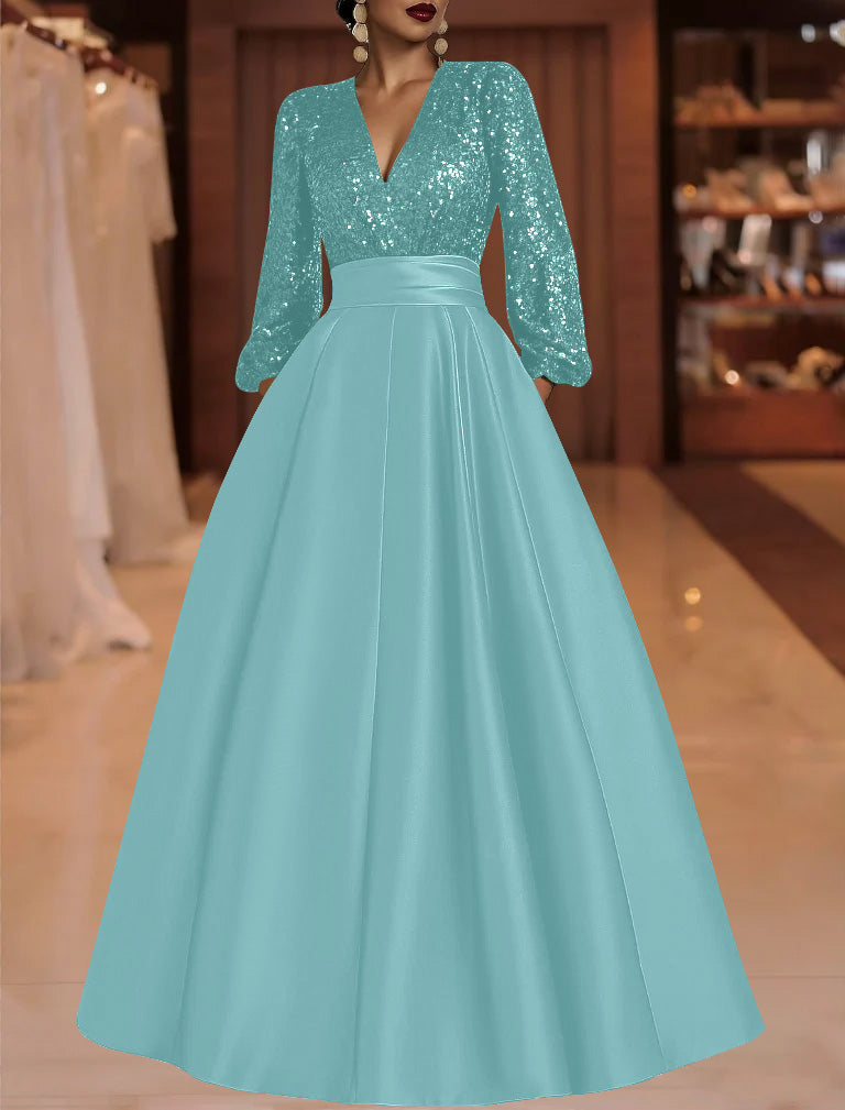 A-Line/Princess V-Neck Satin Mother of the Bride Dresses Sequins Pocket Long Sleeves Floor-Length