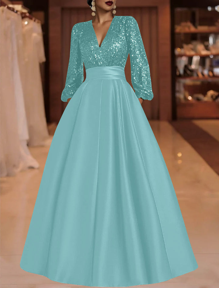 A-Line/Princess V-Neck Satin Mother of the Bride Dresses Sequins Pocket Long Sleeves Floor-Length