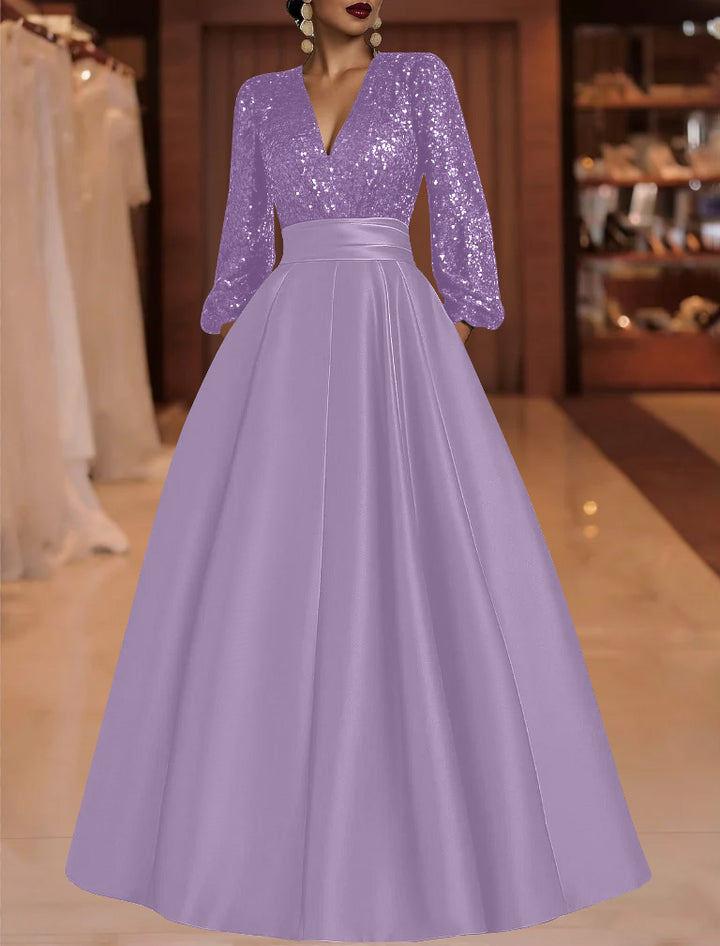 A-Line/Princess V-Neck Satin Mother of the Bride Dresses Sequins Pocket Long Sleeves Floor-Length