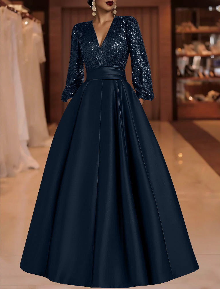 A-Line/Princess V-Neck Satin Mother of the Bride Dresses Sequins Pocket Long Sleeves Floor-Length Navy Blue