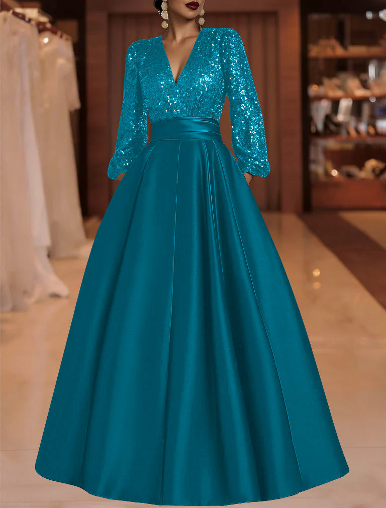 A-Line/Princess V-Neck Satin Mother of the Bride Dresses Sequins Pocket Long Sleeves Floor-Length Ocean Blue