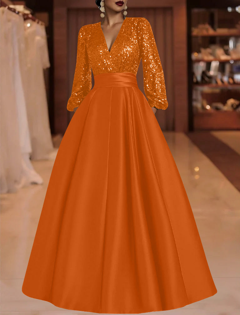 A-Line/Princess V-Neck Satin Mother of the Bride Dresses Sequins Pocket Long Sleeves Floor-Length