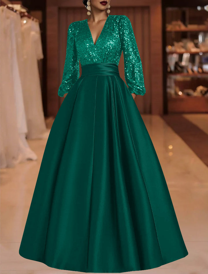 A-Line/Princess V-Neck Satin Mother of the Bride Dresses Sequins Pocket Long Sleeves Floor-Length