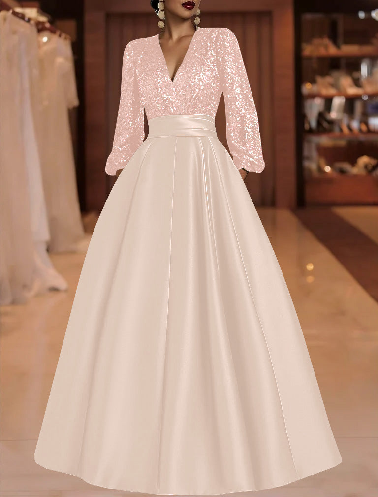 A-Line/Princess V-Neck Satin Mother of the Bride Dresses Sequins Pocket Long Sleeves Floor-Length