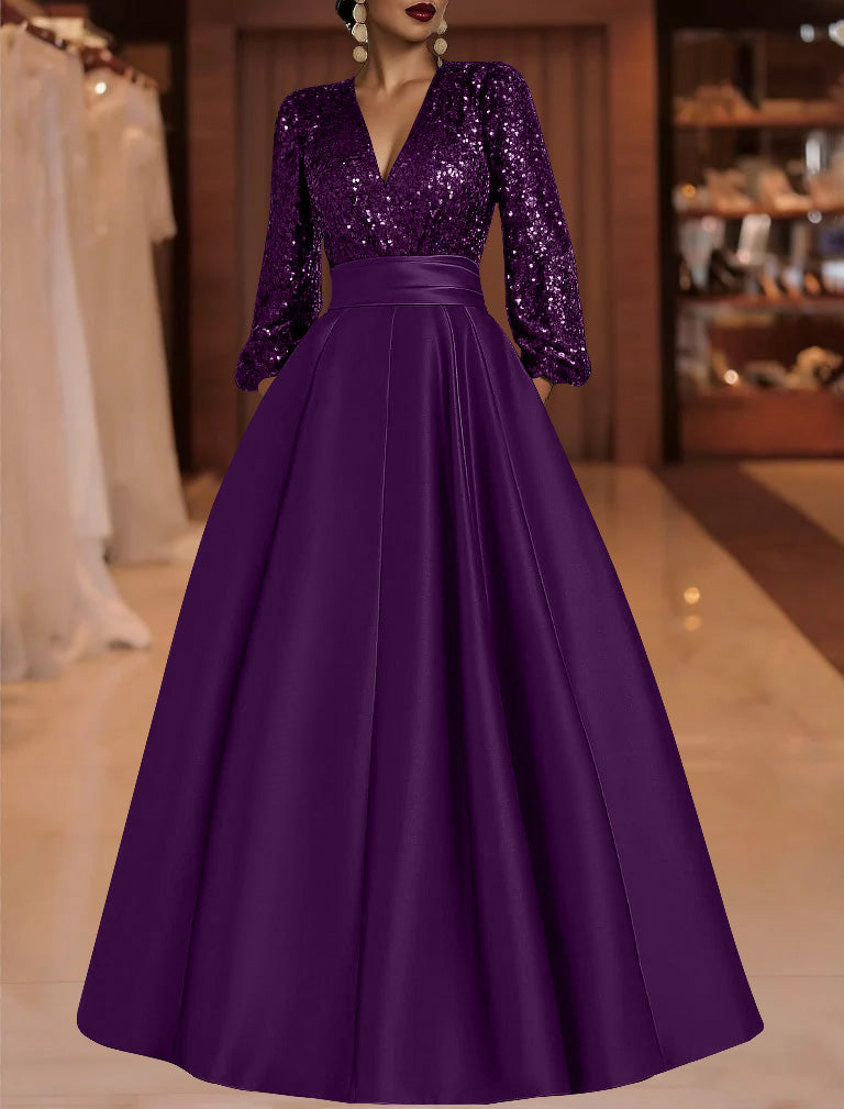 A-Line/Princess V-Neck Satin Mother of the Bride Dresses Sequins Pocket Long Sleeves Floor-Length