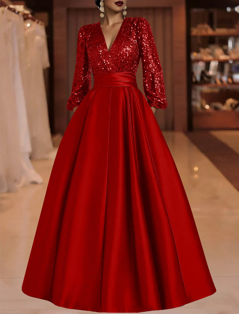 A-Line/Princess V-Neck Satin Mother of the Bride Dresses Sequins Pocket Long Sleeves Floor-Length Red A-Line/Princess V-Neck Satin Mother of the Bride Dresses Sequins Pocket Long Sleeves Floor-Length Red
