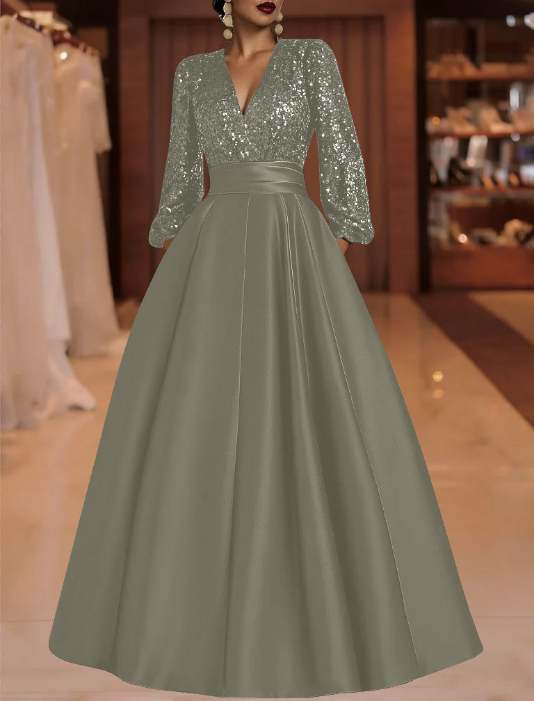 A-Line/Princess V-Neck Satin Mother of the Bride Dresses Sequins Pocket Long Sleeves Floor-Length