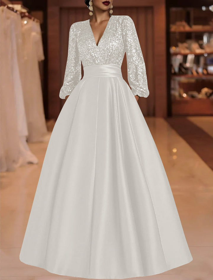 A-Line/Princess V-Neck Satin Mother of the Bride Dresses Sequins Pocket Long Sleeves Floor-Length