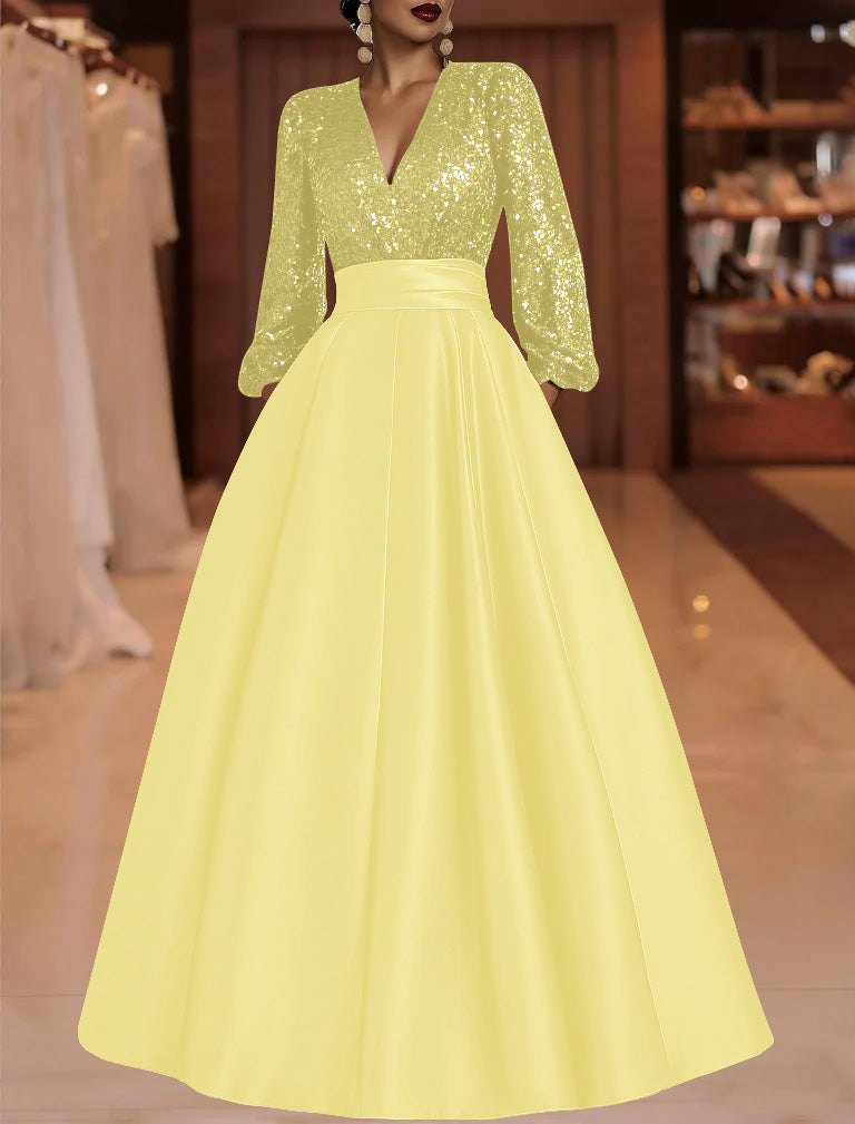 A-Line/Princess V-Neck Satin Mother of the Bride Dresses Sequins Pocket Long Sleeves Floor-Length