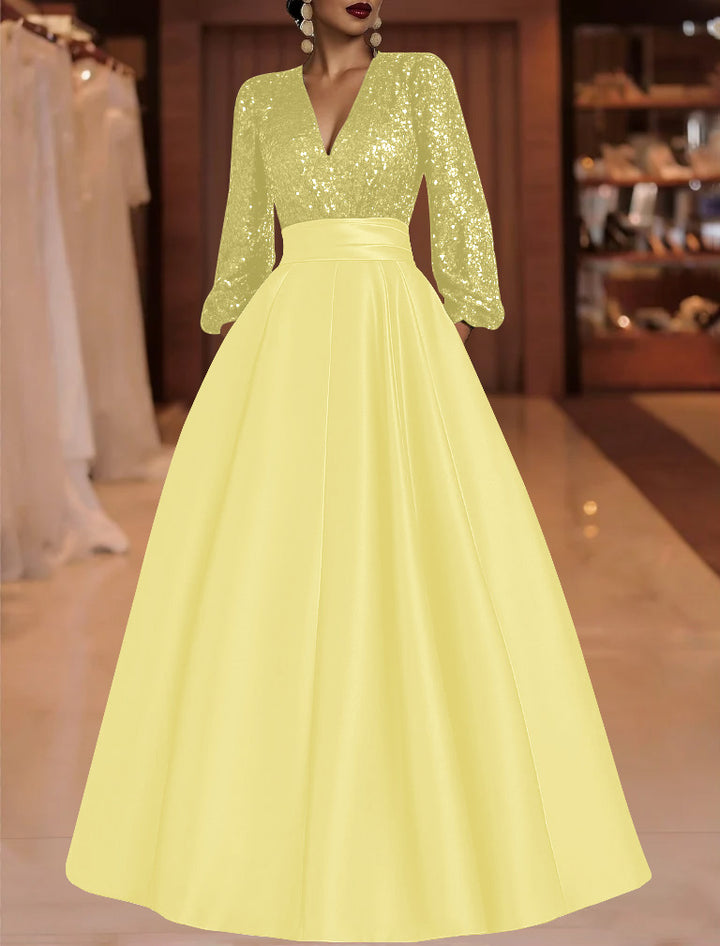 A-Line/Princess V-Neck Satin Mother of the Bride Dresses Sequins Pocket Long Sleeves Floor-Length