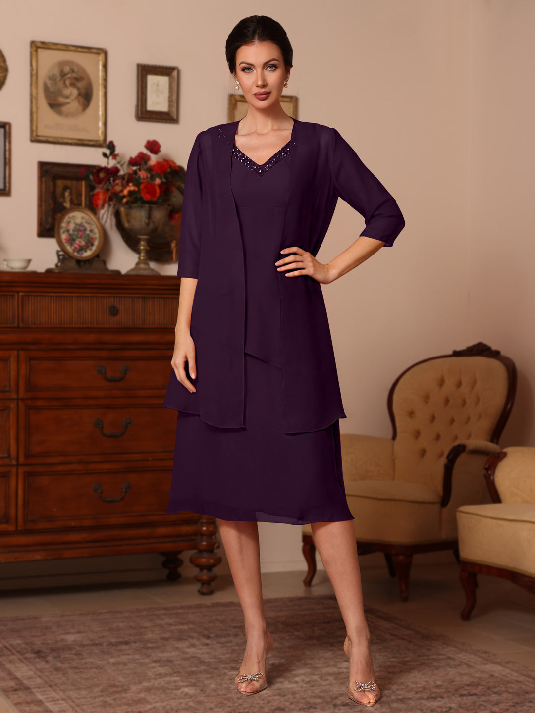 2 Pieces Sheath/Column V-Neck Chiffon Mother of the Bride Dresses with Jacket Beading Knee-Length Half Sleeves