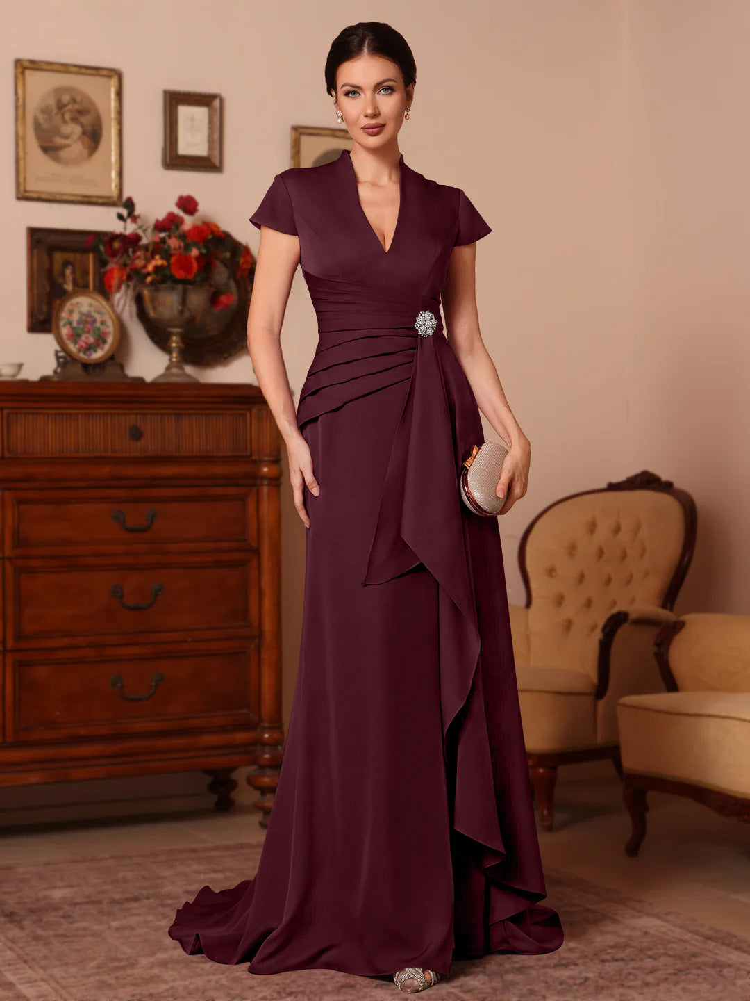 Trumpet/Mermaid V-Neck Stretch Satin Mother of the Bride Dresses Floor-Length Sweep Train Cap Sleeves Ruffles
