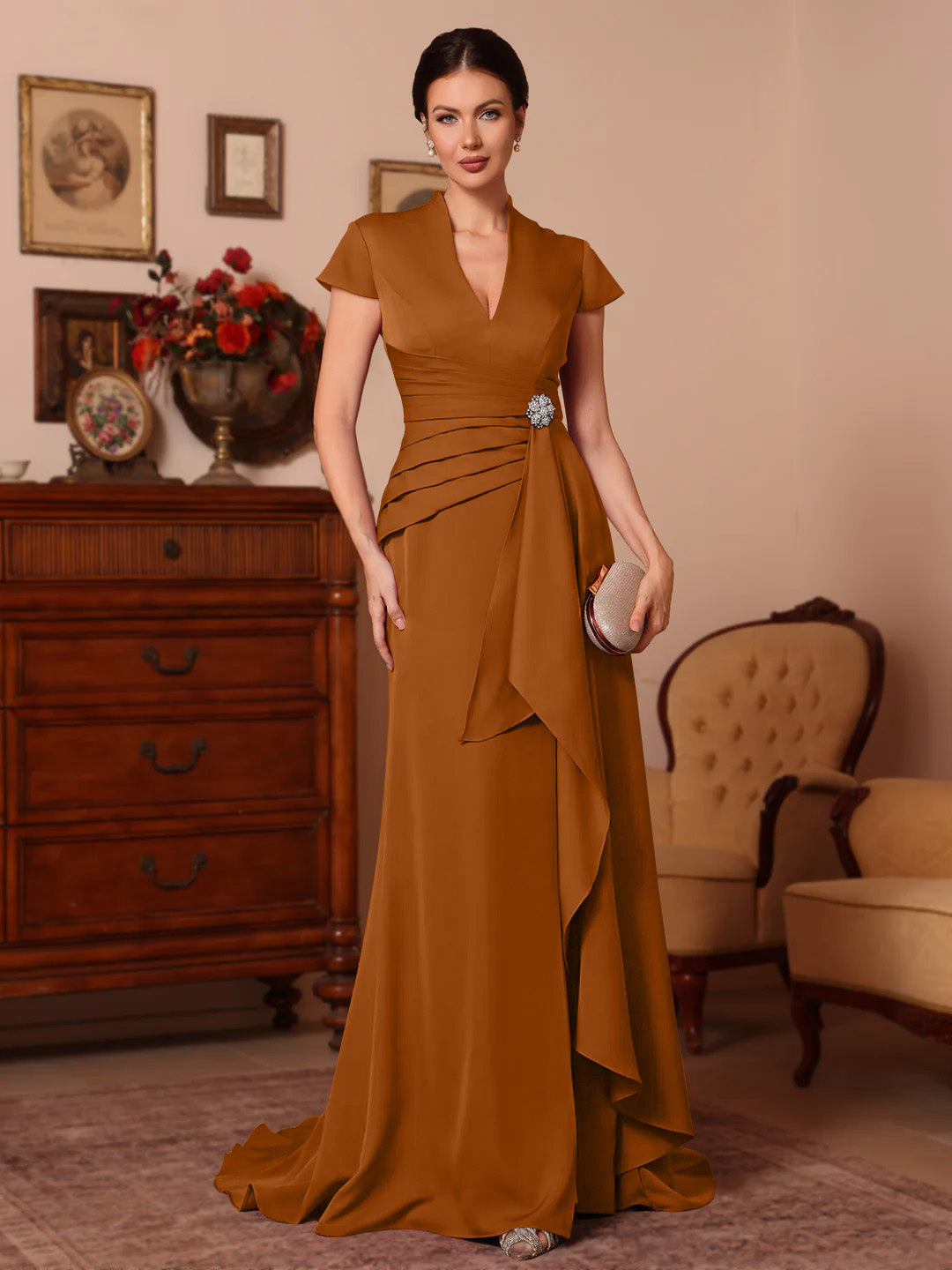 Trumpet/Mermaid V-Neck Stretch Satin Mother of the Bride Dresses Floor-Length Sweep Train Cap Sleeves Ruffles