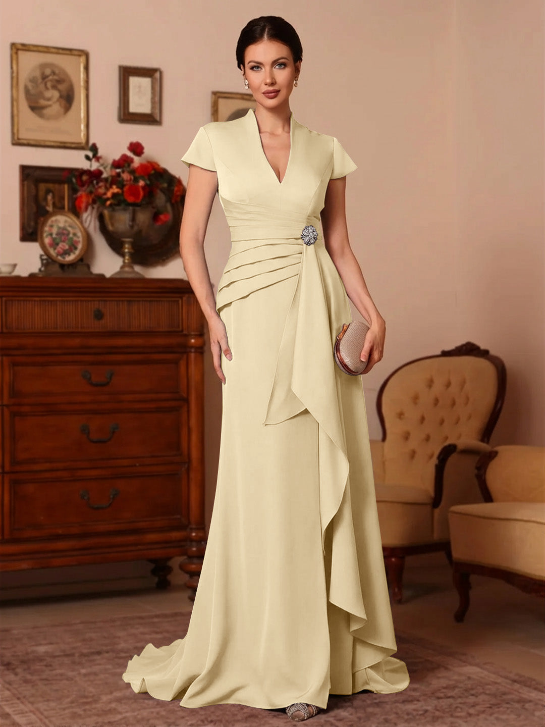Trumpet/Mermaid V-Neck Stretch Satin Mother of the Bride Dresses Floor-Length Sweep Train Cap Sleeves Ruffles