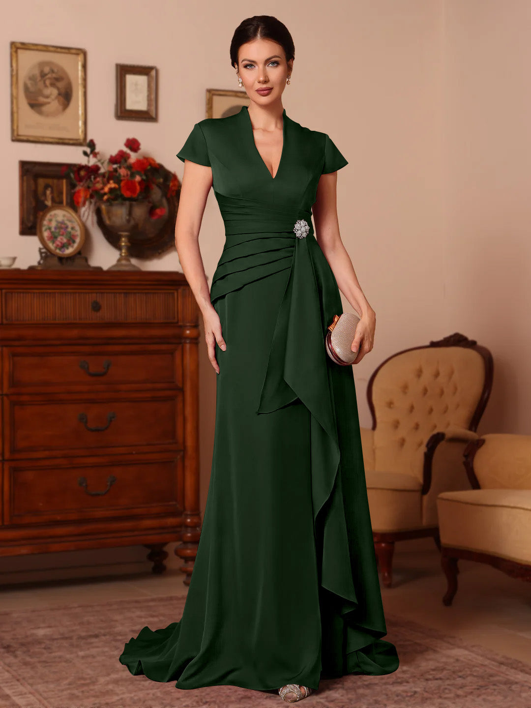 Trumpet/Mermaid V-Neck Stretch Satin Mother of the Bride Dresses Floor-Length Sweep Train Cap Sleeves Ruffles