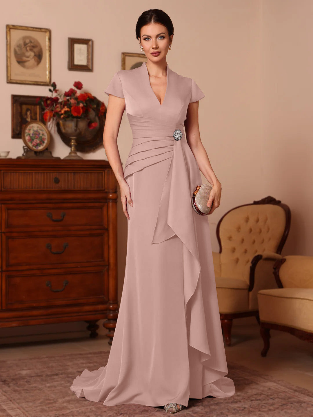 Trumpet/Mermaid V-Neck Stretch Satin Mother of the Bride Dresses Floor-Length Sweep Train Cap Sleeves Ruffles