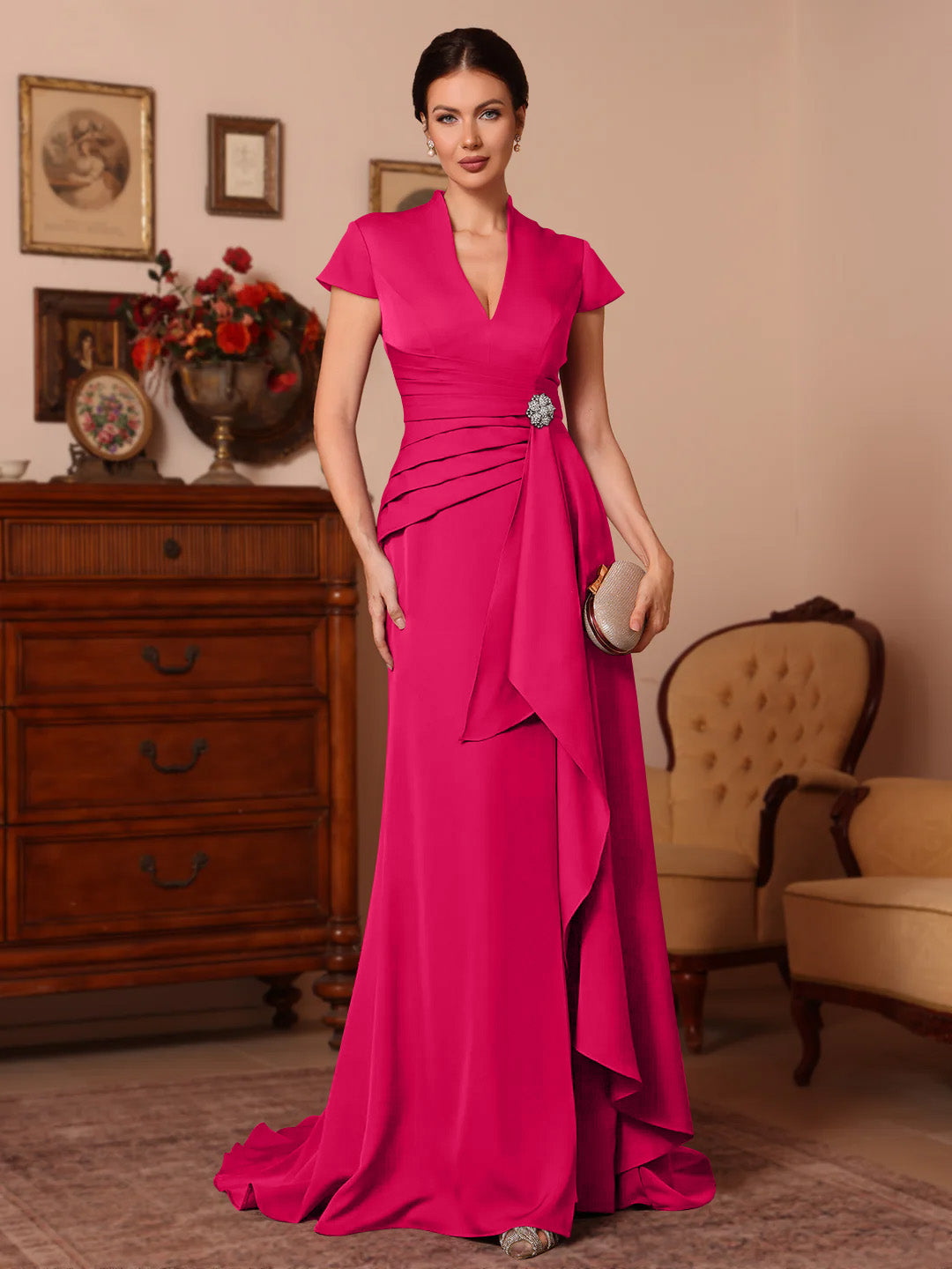 Trumpet/Mermaid V-Neck Stretch Satin Mother of the Bride Dresses Floor-Length Sweep Train Cap Sleeves Ruffles