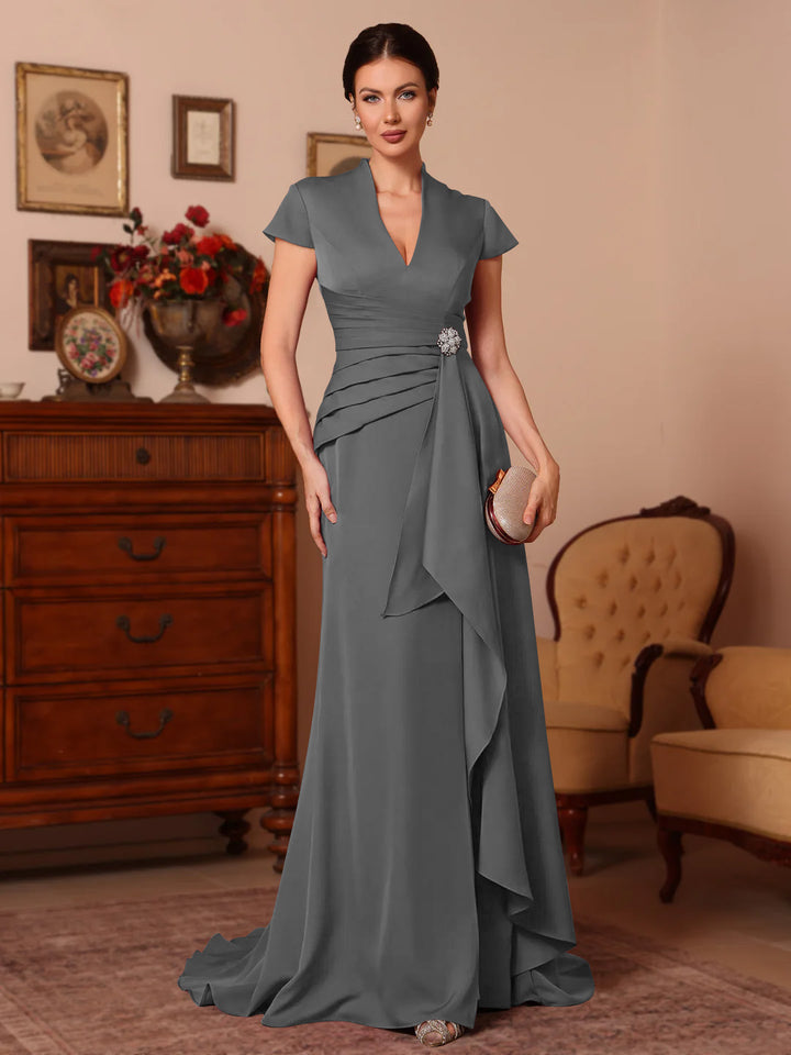 Trumpet/Mermaid V-Neck Stretch Satin Mother of the Bride Dresses Floor-Length Sweep Train Cap Sleeves Ruffles