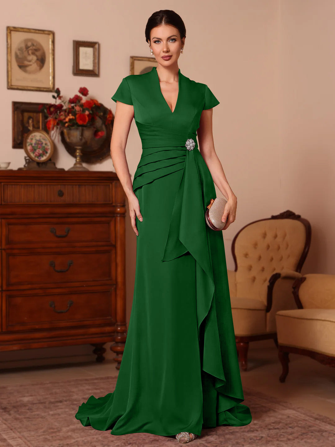 Trumpet/Mermaid V-Neck Stretch Satin Mother of the Bride Dresses Floor-Length Sweep Train Cap Sleeves Ruffles