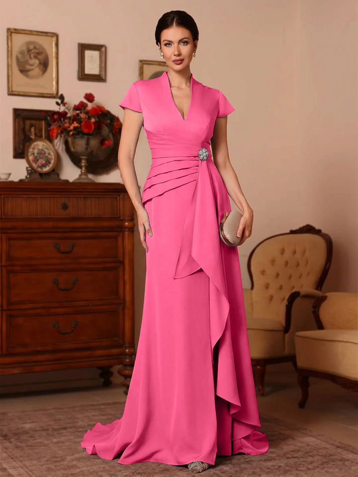 Trumpet/Mermaid V-Neck Stretch Satin Mother of the Bride Dresses Floor-Length Sweep Train Cap Sleeves Ruffles