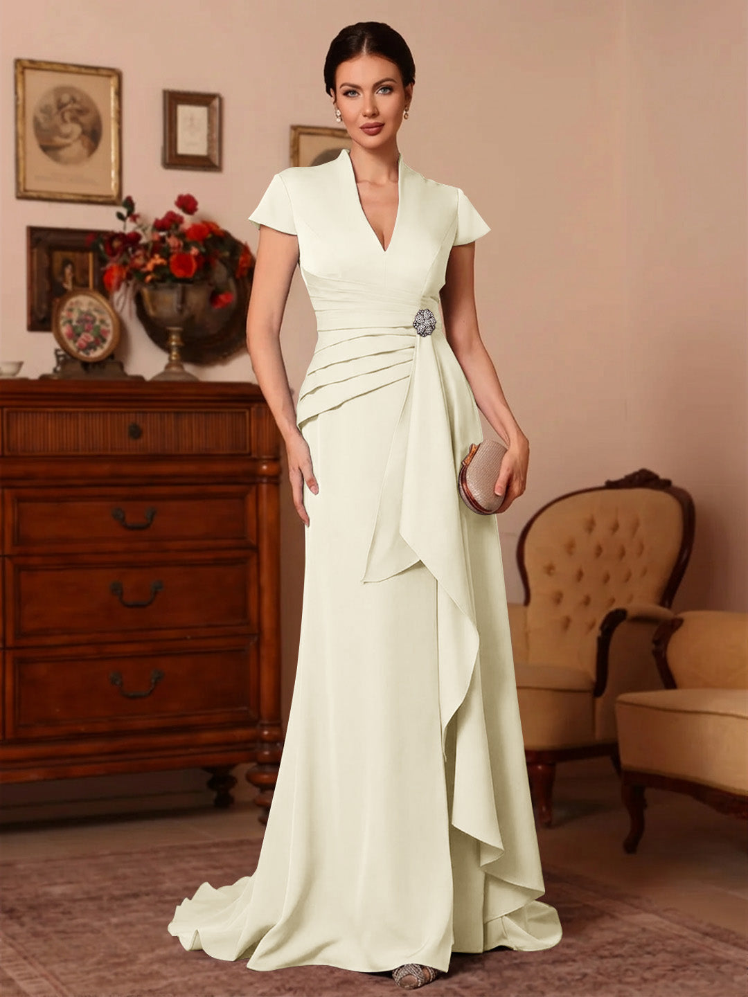 Trumpet/Mermaid V-Neck Stretch Satin Mother of the Bride Dresses Floor-Length Sweep Train Cap Sleeves Ruffles
