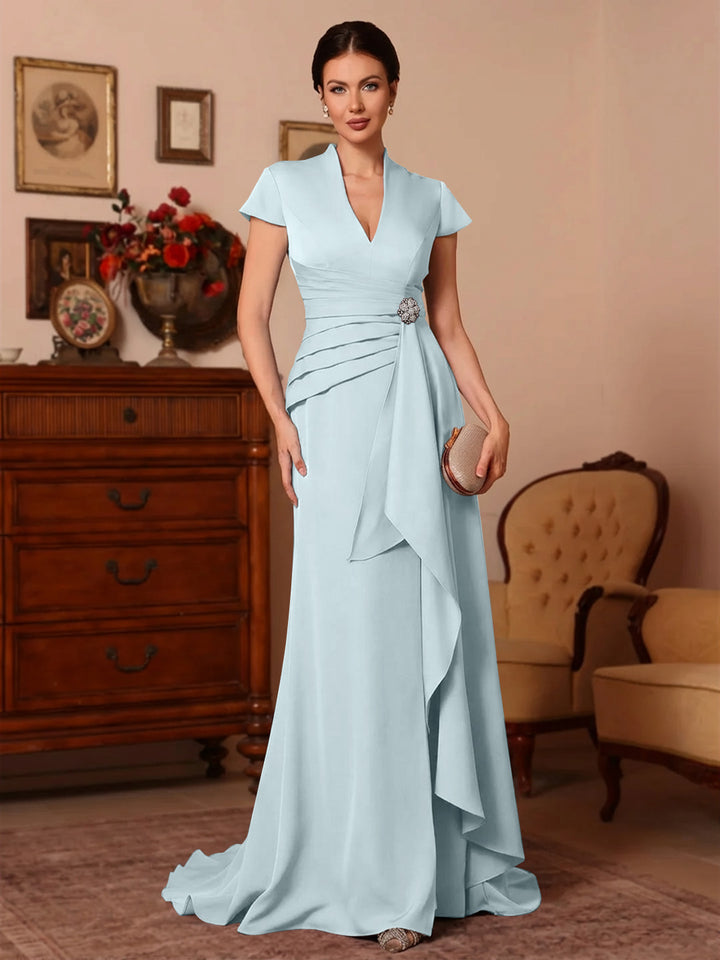 Trumpet/Mermaid V-Neck Stretch Satin Mother of the Bride Dresses Floor-Length Sweep Train Cap Sleeves Ruffles