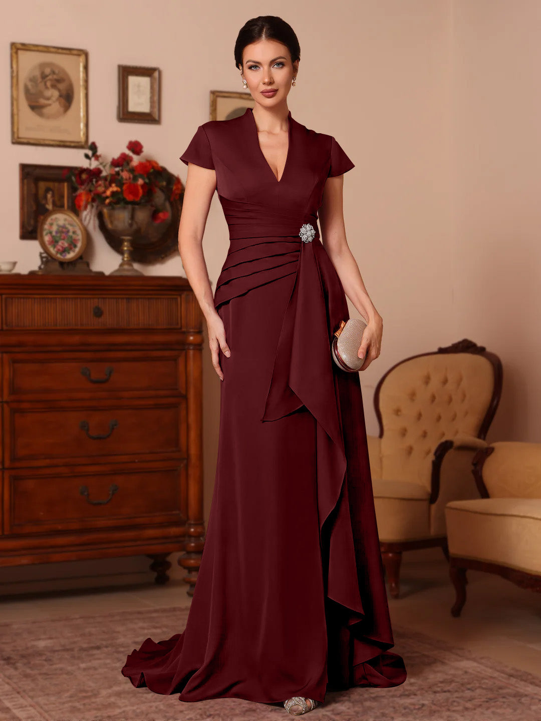 Trumpet/Mermaid V-Neck Stretch Satin Mother of the Bride Dresses Floor-Length Sweep Train Cap Sleeves Ruffles