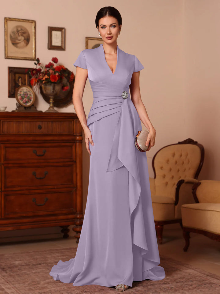 Trumpet/Mermaid V-Neck Stretch Satin Mother of the Bride Dresses Floor-Length Sweep Train Cap Sleeves Ruffles