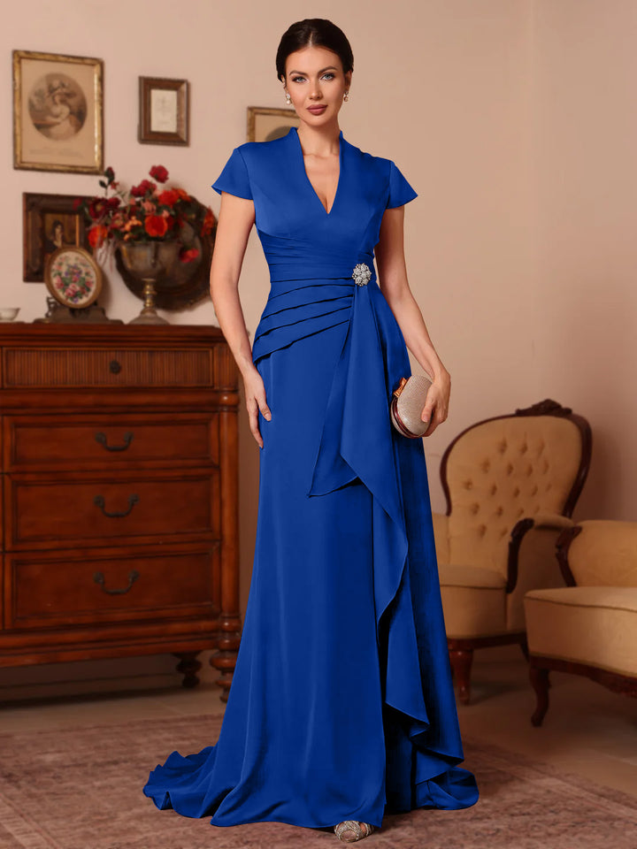 Trumpet/Mermaid V-Neck Stretch Satin Mother of the Bride Dresses Floor-Length Sweep Train Cap Sleeves Ruffles