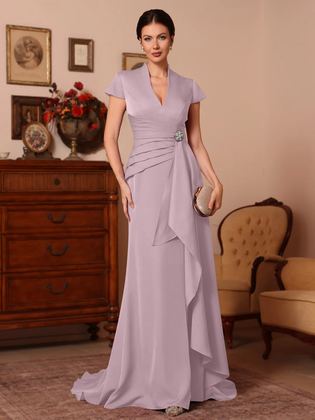 Trumpet/Mermaid V-Neck Stretch Satin Mother of the Bride Dresses Floor-Length Sweep Train Cap Sleeves Ruffles