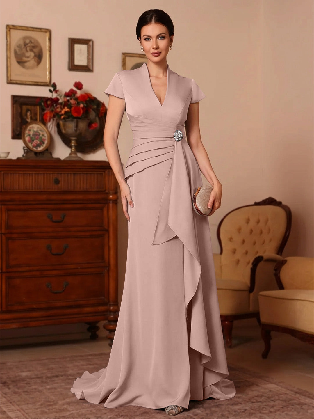 Trumpet/Mermaid V-Neck Stretch Satin Mother of the Bride Dresses Floor-Length Sweep Train Cap Sleeves Ruffles