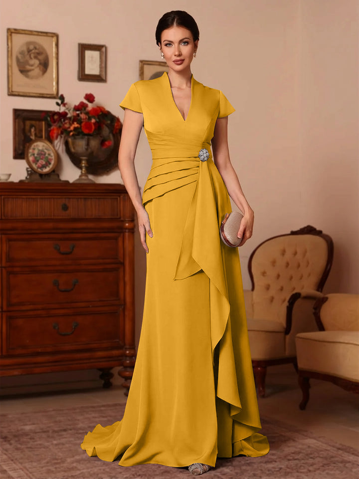 Trumpet/Mermaid V-Neck Stretch Satin Mother of the Bride Dresses Floor-Length Sweep Train Cap Sleeves Ruffles