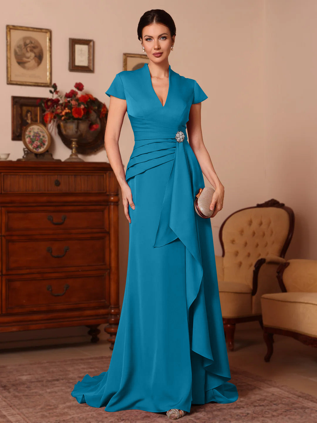 Trumpet/Mermaid V-Neck Stretch Satin Mother of the Bride Dresses Floor-Length Sweep Train Cap Sleeves Ruffles