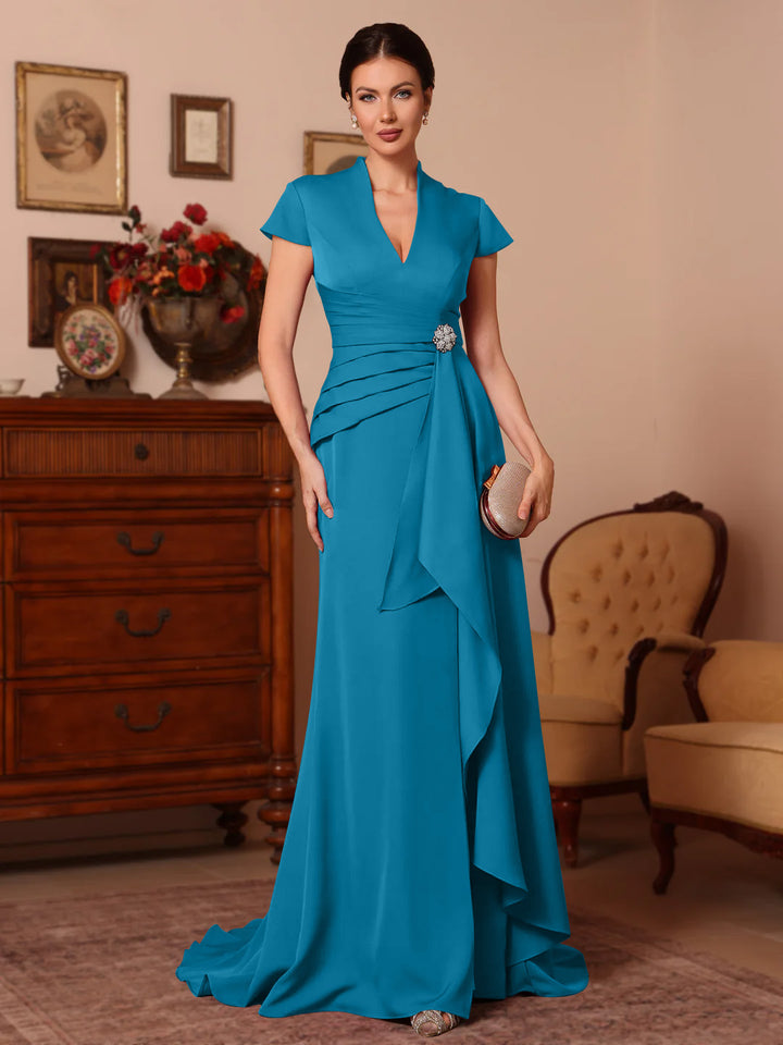 Trumpet/Mermaid V-Neck Stretch Satin Mother of the Bride Dresses Floor-Length Sweep Train Cap Sleeves Ruffles