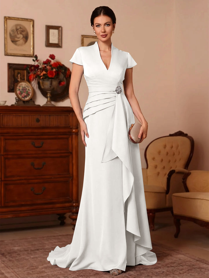 Trumpet/Mermaid V-Neck Stretch Satin Mother of the Bride Dresses Floor-Length Sweep Train Cap Sleeves Ruffles