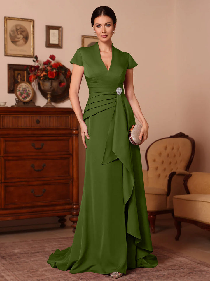 Trumpet/Mermaid V-Neck Stretch Satin Mother of the Bride Dresses Floor-Length Sweep Train Cap Sleeves Ruffles
