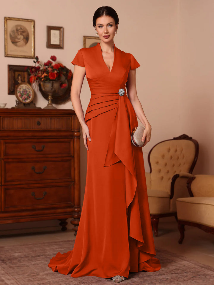 Trumpet/Mermaid V-Neck Stretch Satin Mother of the Bride Dresses Floor-Length Sweep Train Cap Sleeves Ruffles