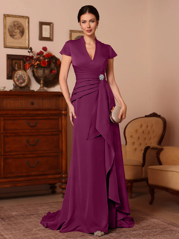 Trumpet/Mermaid V-Neck Stretch Satin Mother of the Bride Dresses Floor-Length Sweep Train Cap Sleeves Ruffles