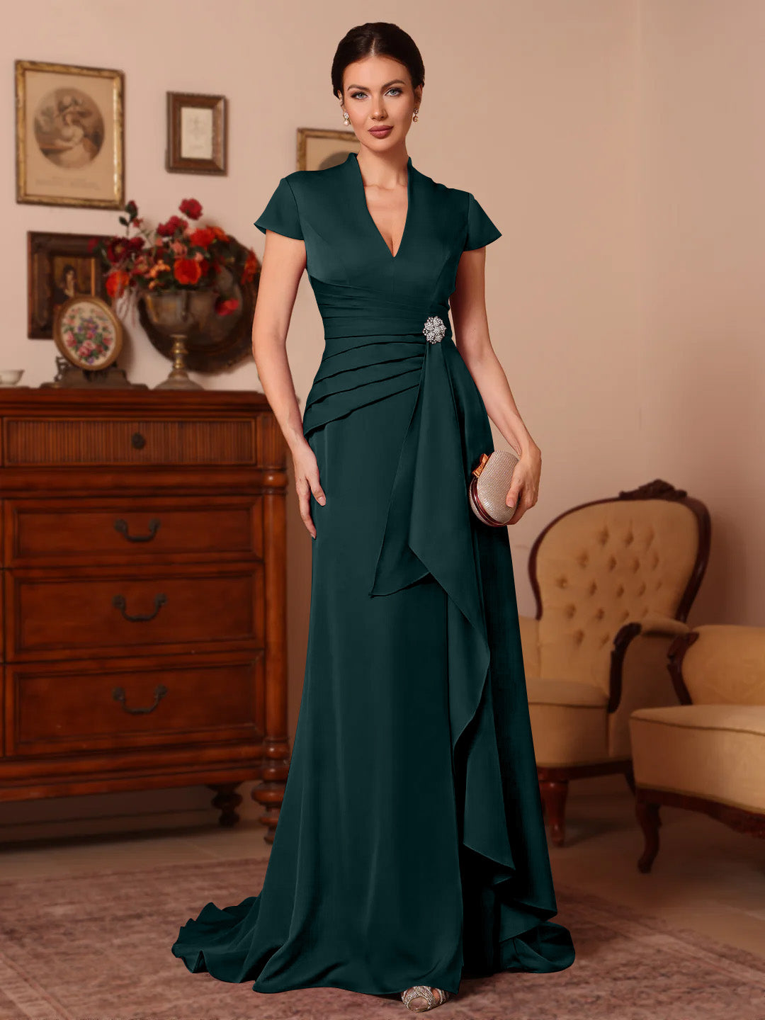 Trumpet/Mermaid V-Neck Stretch Satin Mother of the Bride Dresses Floor-Length Sweep Train Cap Sleeves Ruffles