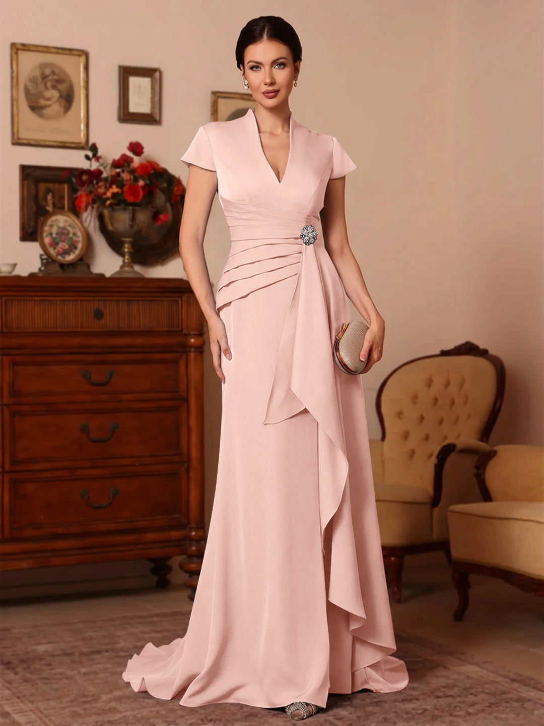 Trumpet/Mermaid V-Neck Stretch Satin Mother of the Bride Dresses Floor-Length Sweep Train Cap Sleeves Ruffles