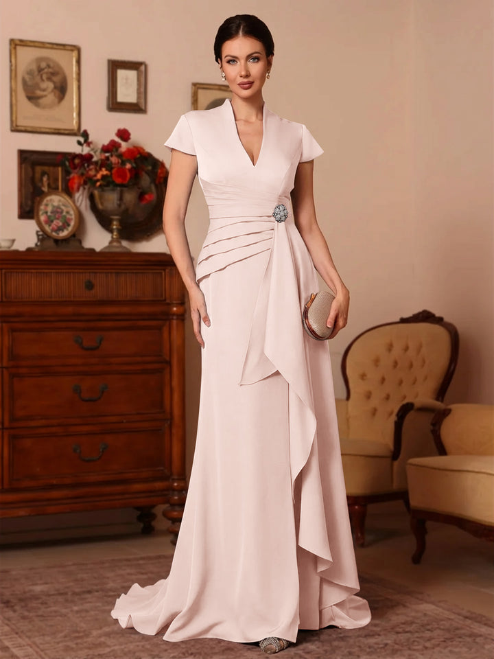 Trumpet/Mermaid V-Neck Stretch Satin Mother of the Bride Dresses Floor-Length Sweep Train Cap Sleeves Ruffles
