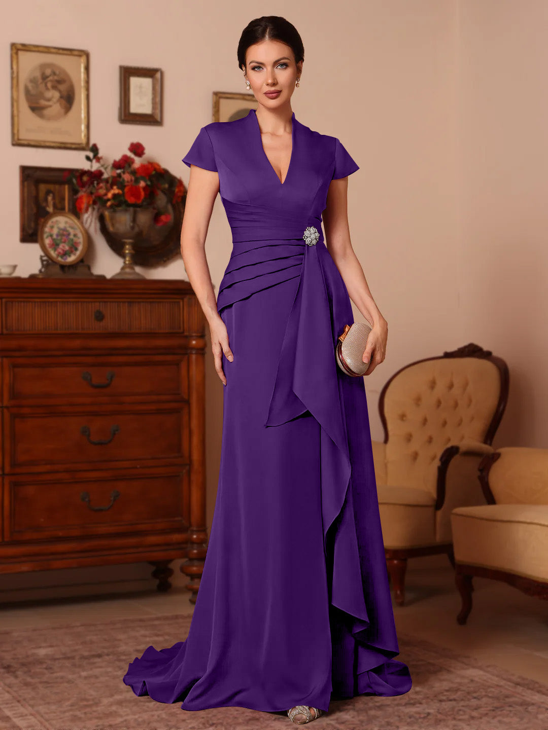 Trumpet/Mermaid V-Neck Stretch Satin Mother of the Bride Dresses Floor-Length Sweep Train Cap Sleeves Ruffles