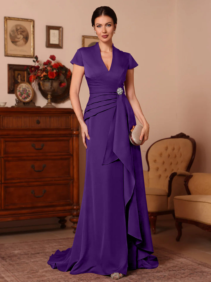 Trumpet/Mermaid V-Neck Stretch Satin Mother of the Bride Dresses Floor-Length Sweep Train Cap Sleeves Ruffles