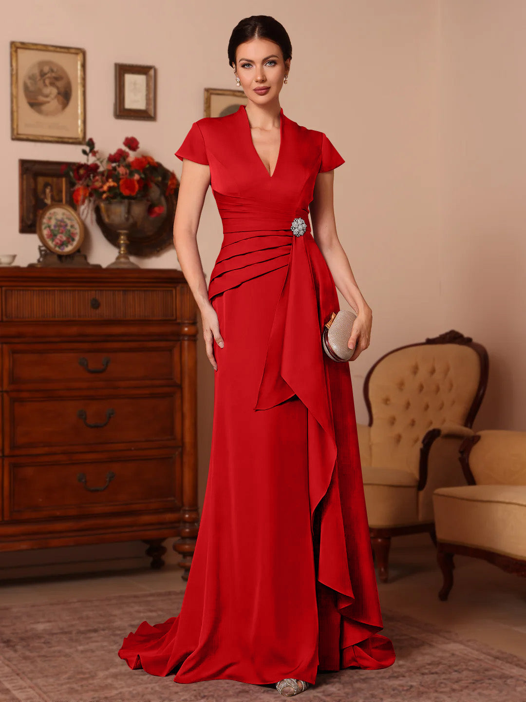 Trumpet/Mermaid V-Neck Stretch Satin Mother of the Bride Dresses Floor-Length Sweep Train Cap Sleeves Ruffles
